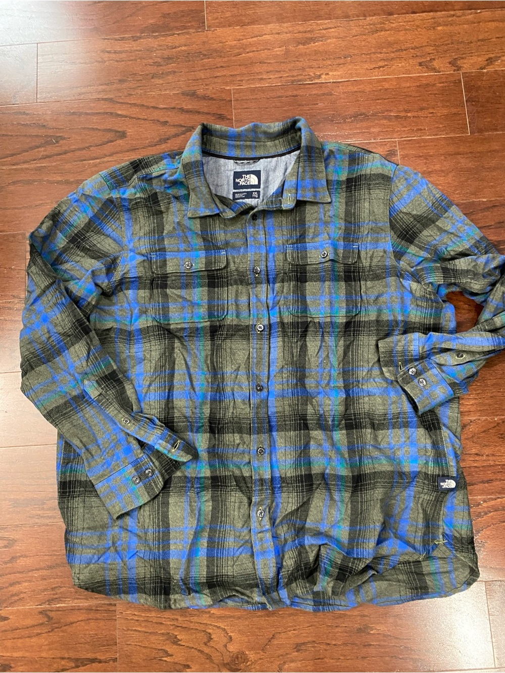 The North Face Mens XXL  Blue Gray Plaid Flannel Button Down Shirt Long Sleeve